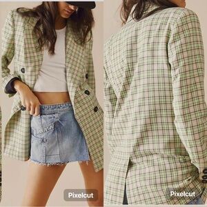 Free People Ashby Blazer Green Plaid Oversize Double-Breasted Jacket Size XL